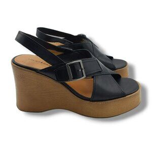 Lucky Brand Delaynee Platform Wedge‎ Sandals Womens 7.5 Black Slingback Leather